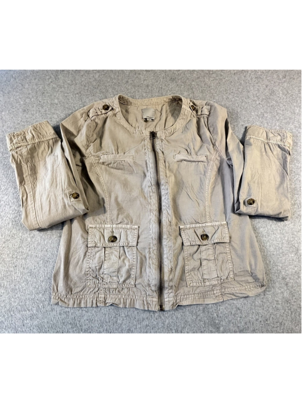 Halogen Womens Utility Jacket Medium Taupe Collarless Full Zip Four Pocket